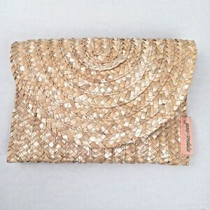 Jane Iredale Straw Clutch Cosmetic Bag 9" x 6" Button Snap Closure Boho Beach